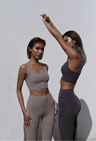 Two women in athletic wear pose against a plain background. The woman on the left sports short hair and wears a light brown Meta Crisscross Padded Top with leggings. The right woman, arms raised, has long hair, donning a dark gray sports bra and leggings, both showcasing sunlit skin.