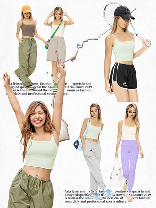 A collage featuring women modeling various sporty casual outfits includes some wearing tank tops paired with loose pants or shorts, and others in leggings. One standout piece is the FlexFit™ Ultimate Comfort Sports Bra. Accessories featured are a tennis racket, headphones, and sunglasses. Background text promotes Aria leisure as a new sports and fashion brand for women.